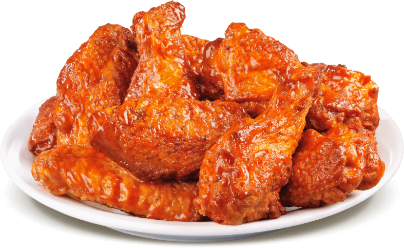 a plate of chicken wings on a white background