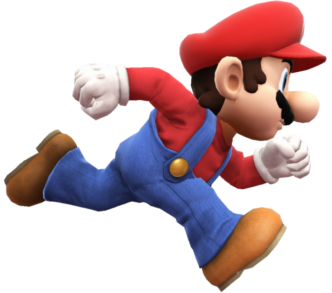 a cartoon character in a red hat and blue overall running