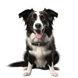a black and white dog with its tongue out