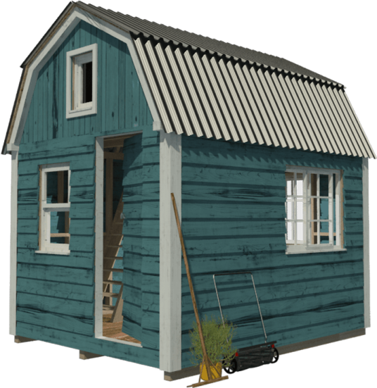 a small blue shed with a metal roof
