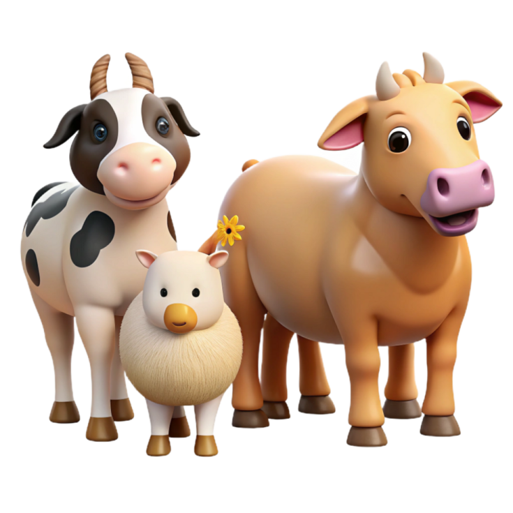 a group of farm animals standing next to each other animals
