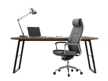 a desk with a chair and a laptop on it