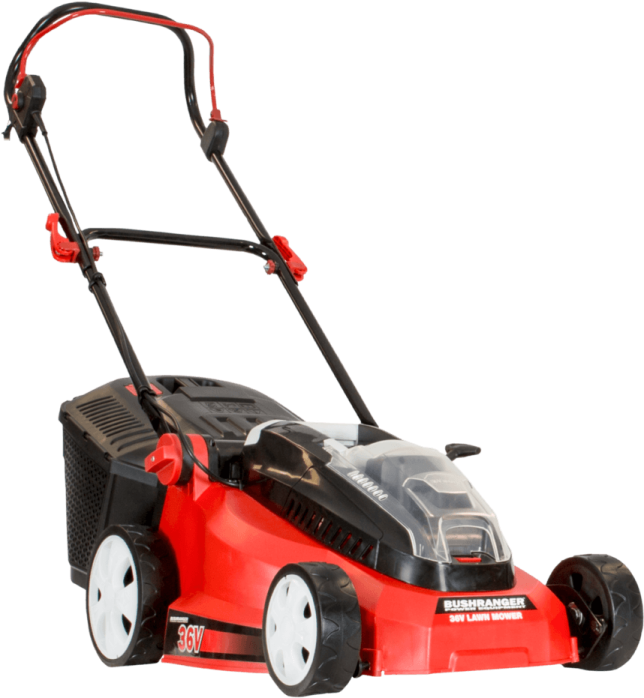 a red lawn mower on a white background