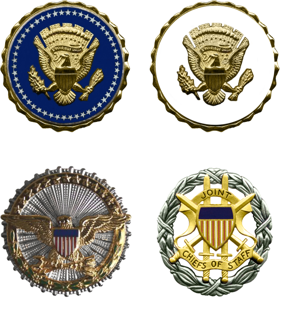 A set of four badges with the words vice, and vice