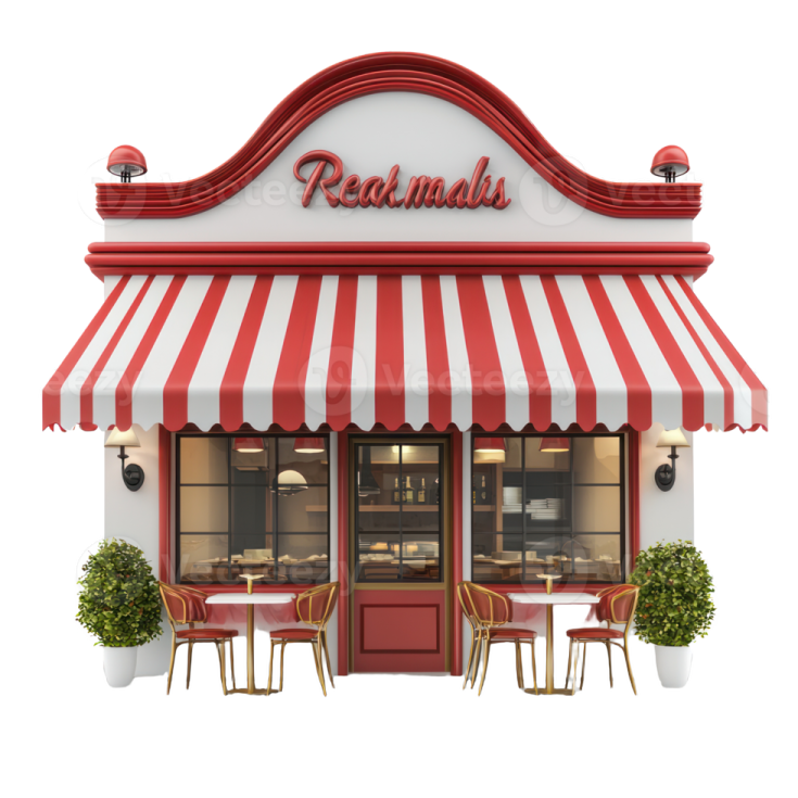 a restaurant with red and white aws