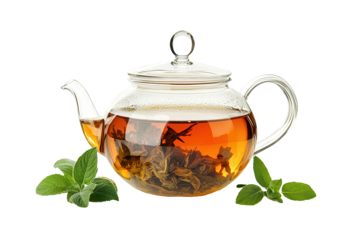 a glass tea pot filled with green leaves