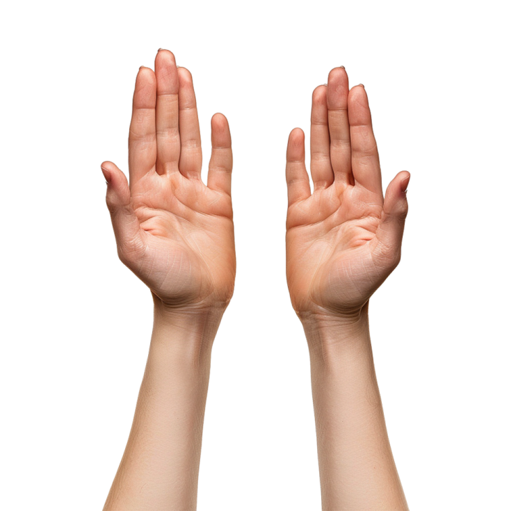 two hands are holding something in the air