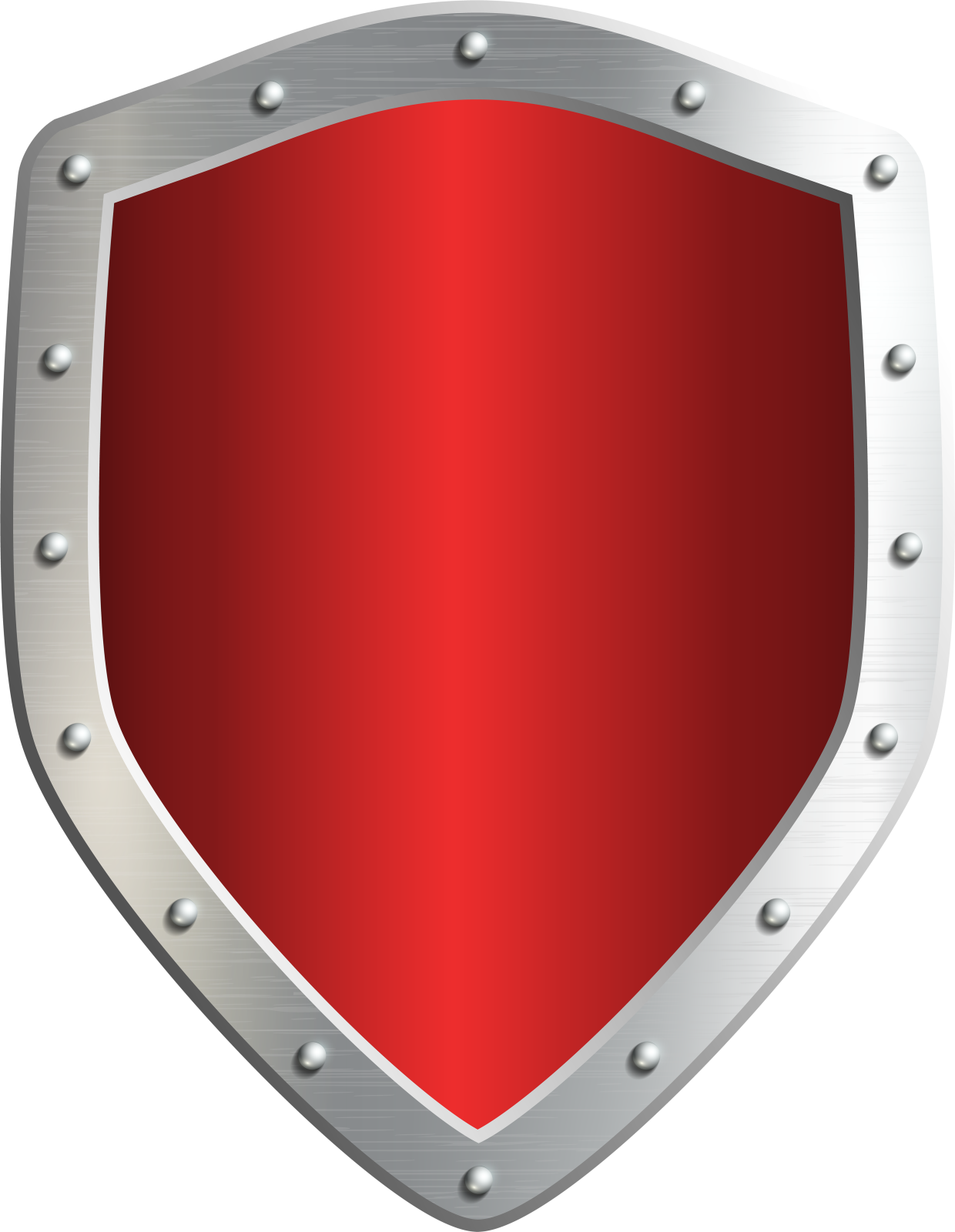 a red shield with metal ries