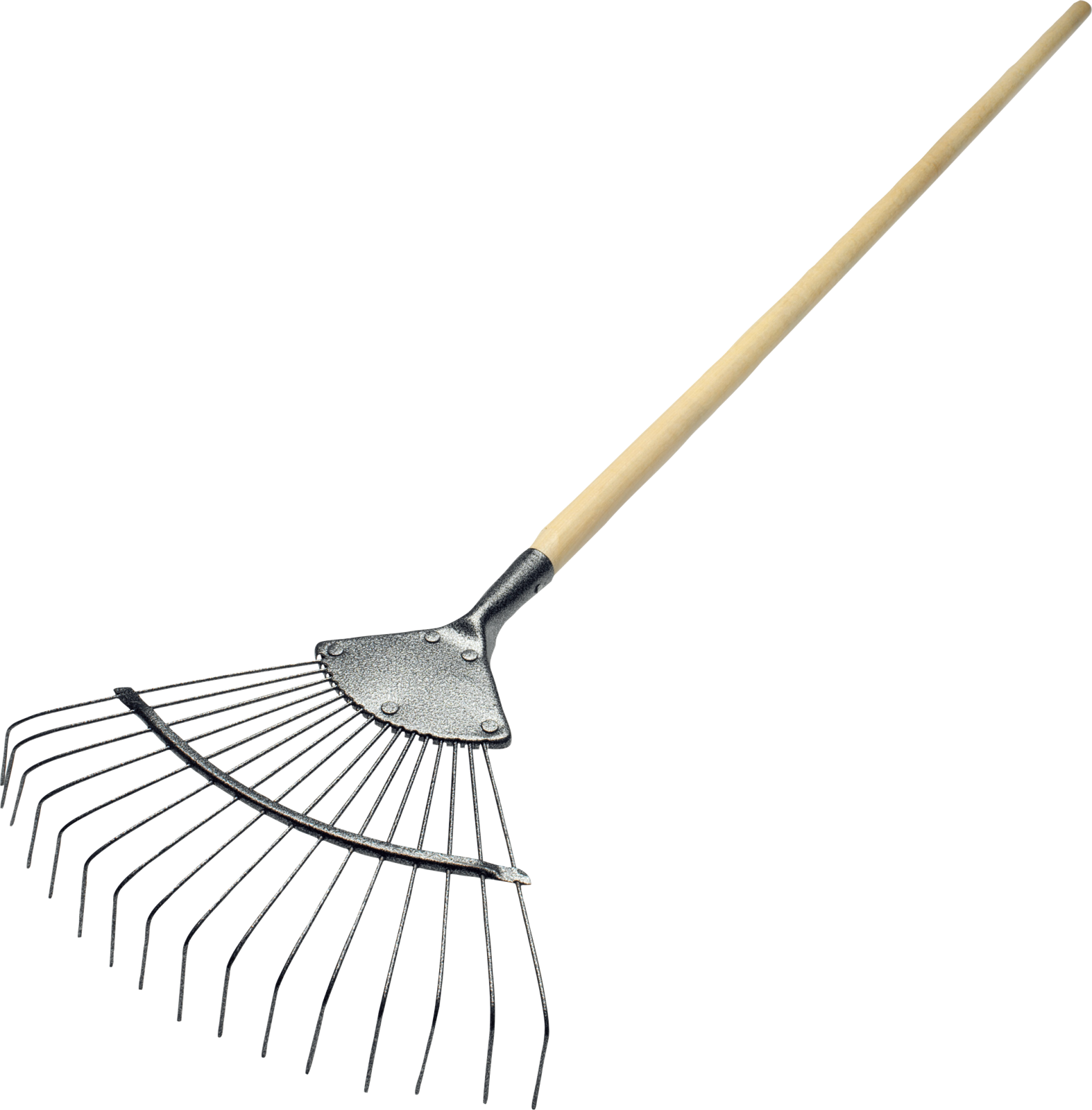 a metal rake with wooden handle