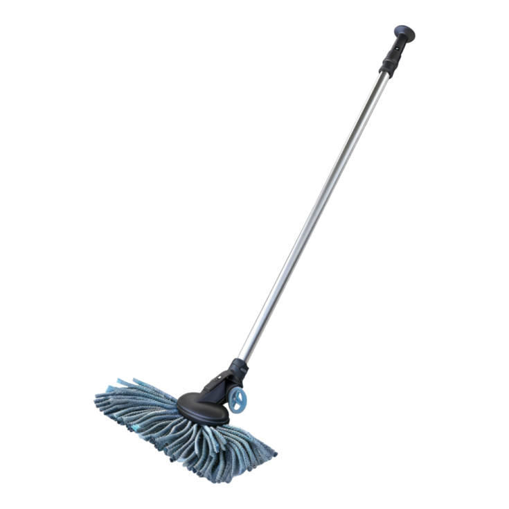 a blue dust mop on a white background