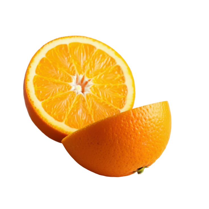 an orange cut in half on a white background