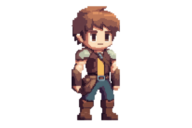 a pixel art of a young boy in a brown jacket and jeans