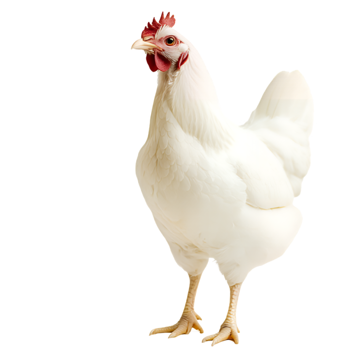 a white chicken with a red comb on its head
