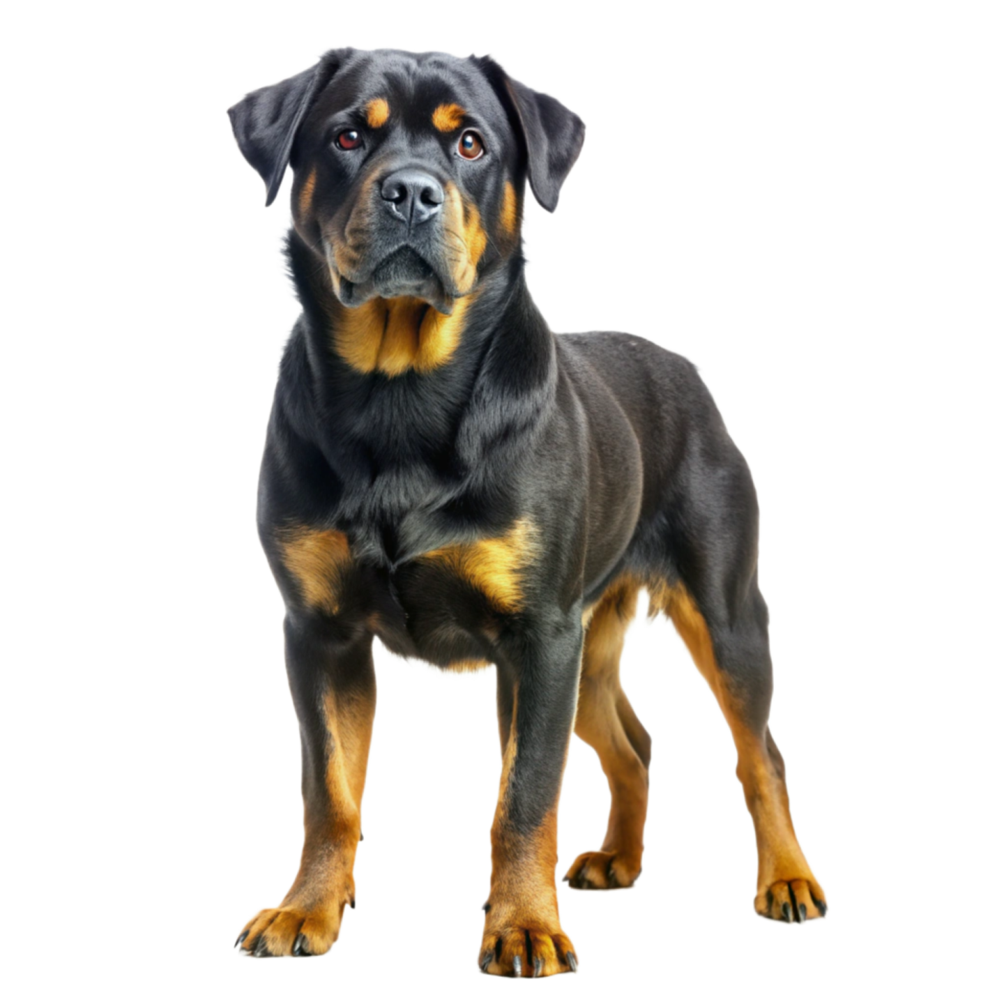 a black and brown dog standing on a white background