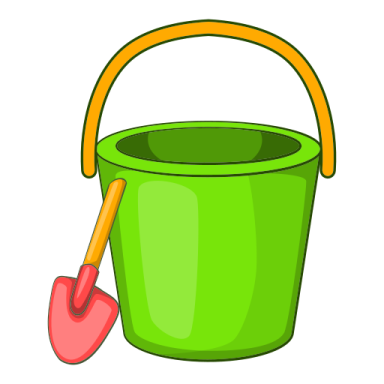 a green bucket with a shovel