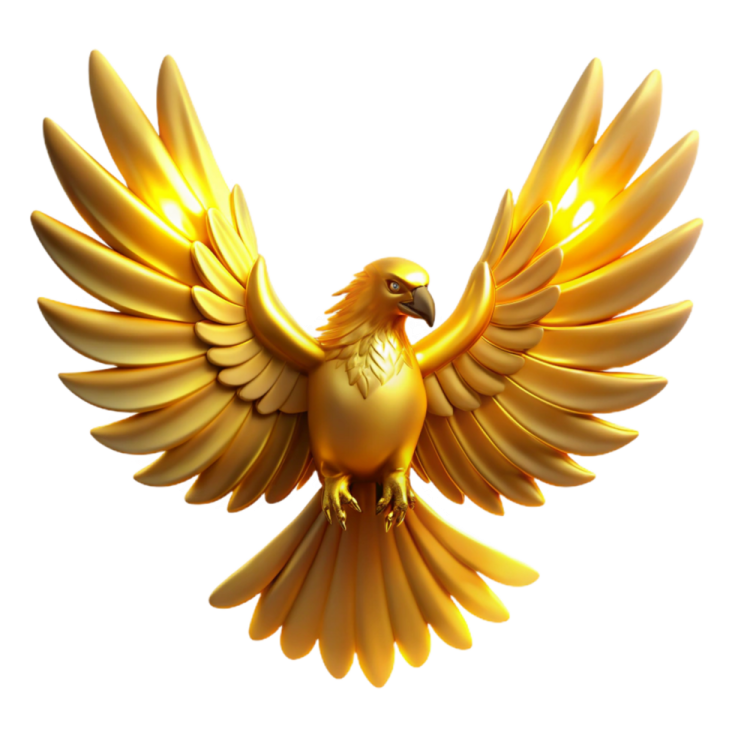 a golden bird with its wings spread out