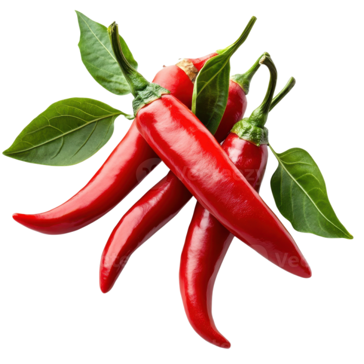 red chili peppers with leaves on white background