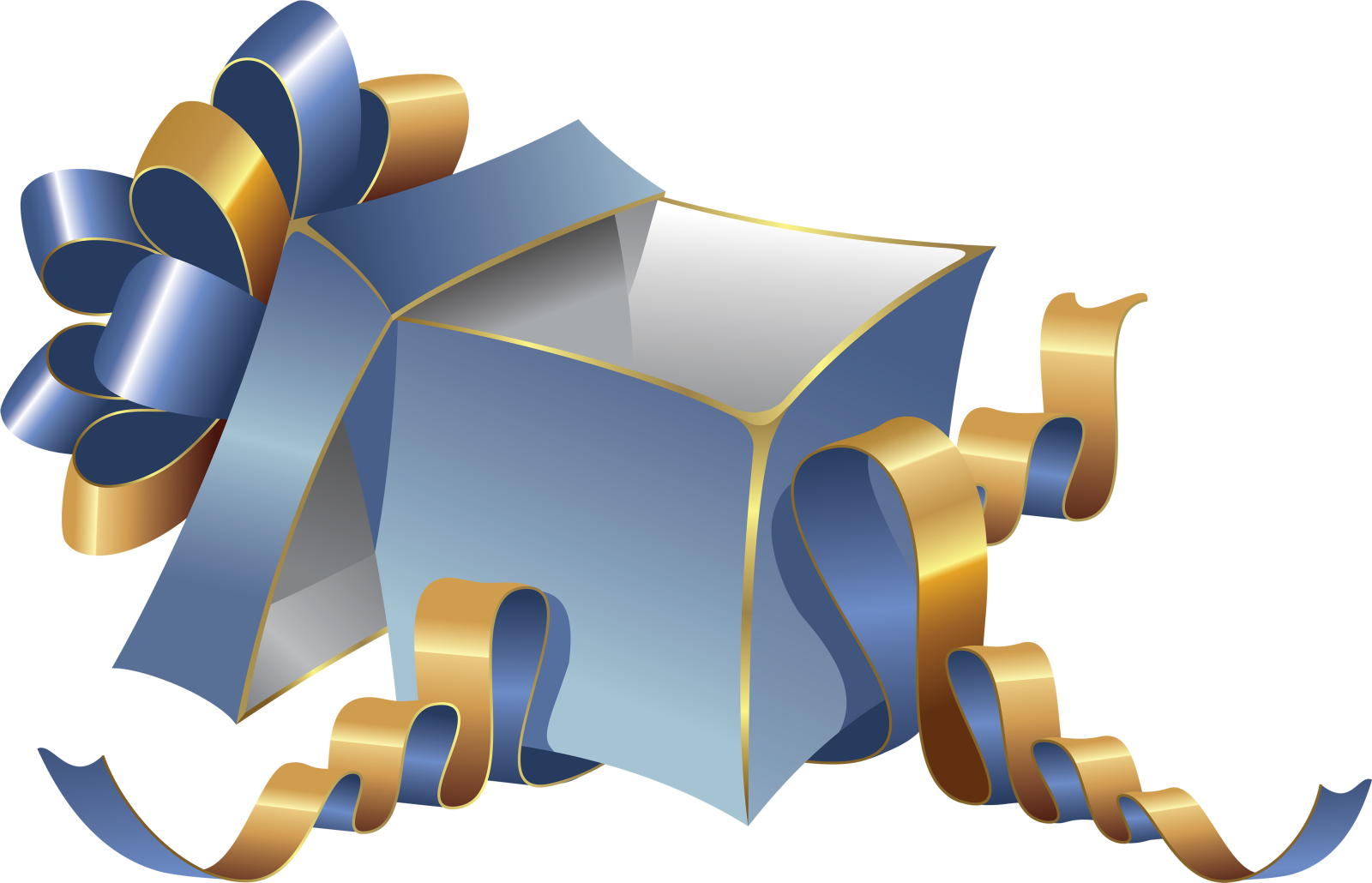a blue and gold gift box with a bow