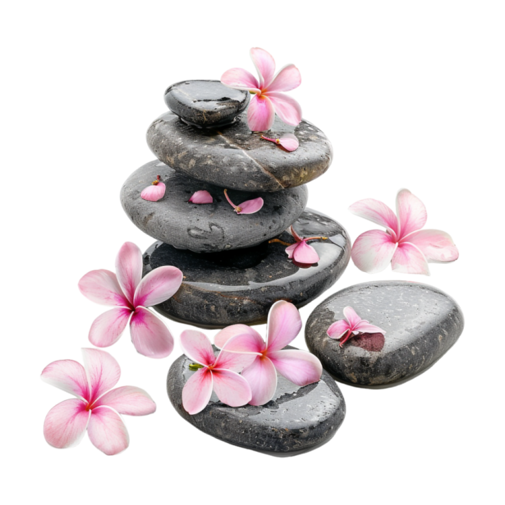 a pile of black stones with pink flowers on top