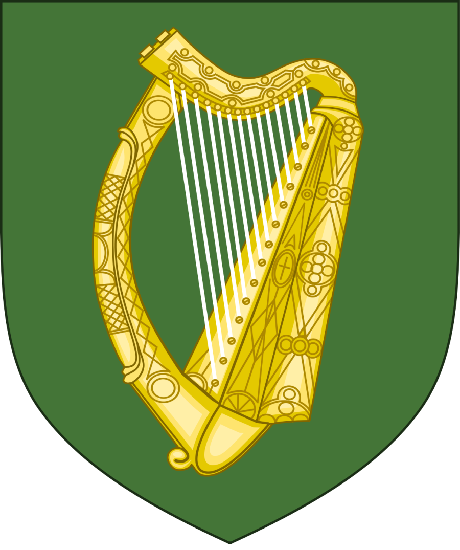 a green shield with a gold harp on it
