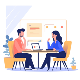two people sitting at a table talking to each other people
