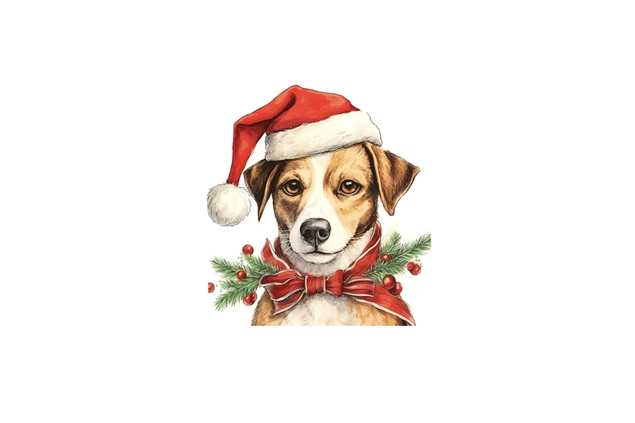 a dog wearing a santa hat and bow tie