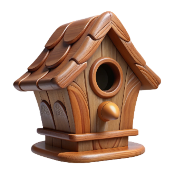 a wooden birdhouse on a white background