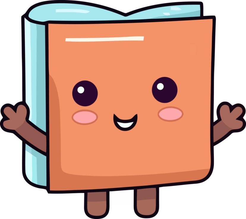 a cartoon book with arms up and eyes open