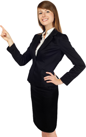 a woman in a business suit pointing at the camera