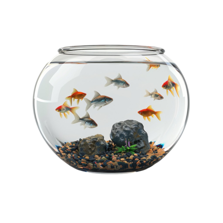 a fish bowl filled with water and rocks