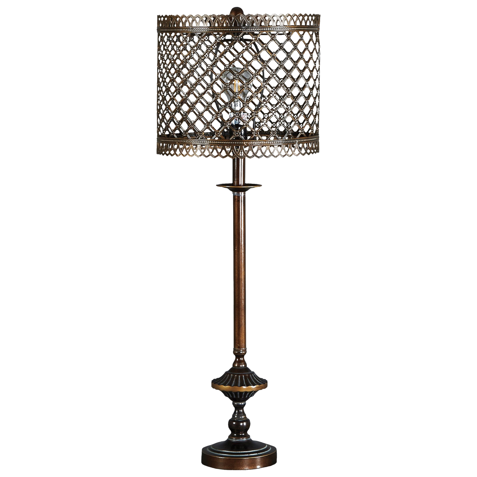 a table lamp with a metal shade on it
