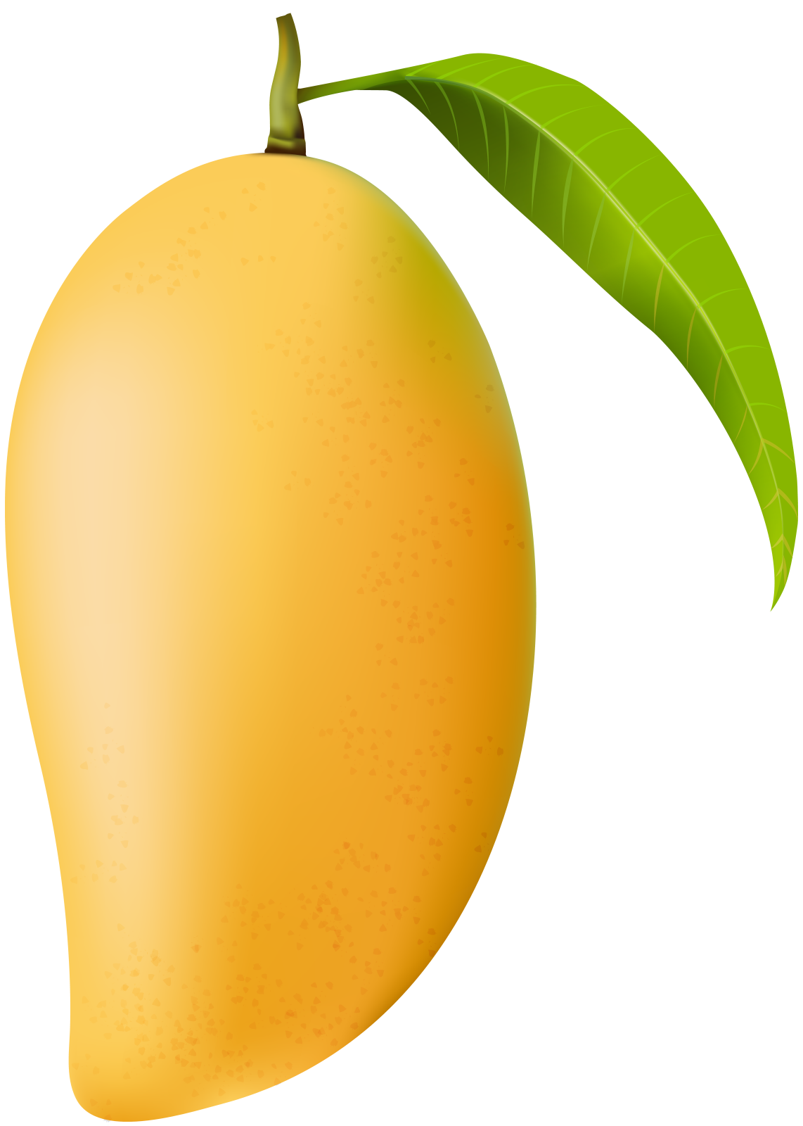 a mango with a green leaf on top