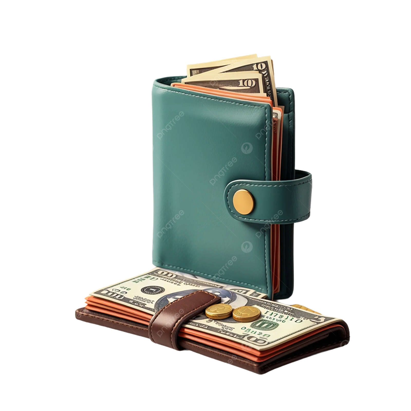 a wallet with money and coins on a white background