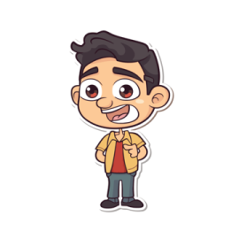 a cartoon character with dark hair and brown eyes
