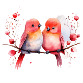 two birds sitting on a branch with hearts