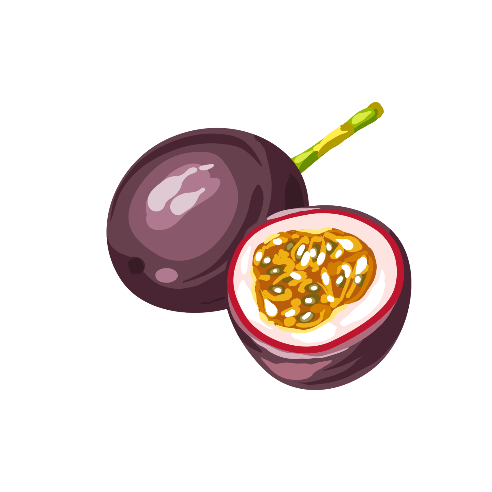 two halves of passion fruit with a half cut in half