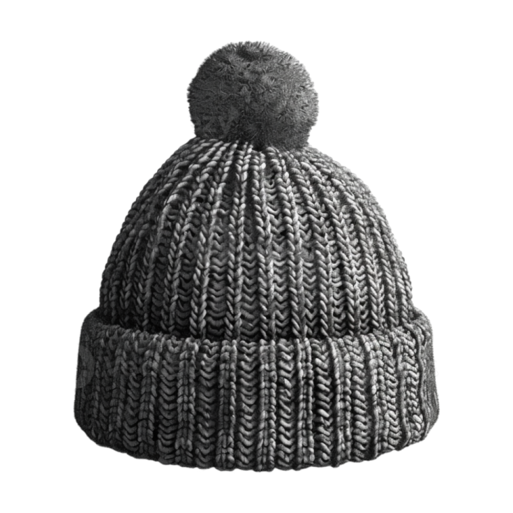 a black and white knit beanie hat with pom