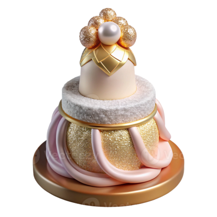 a cake with gold and white decorations on top