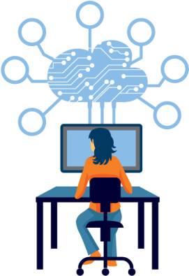 a person sitting at a desk in front of a computer