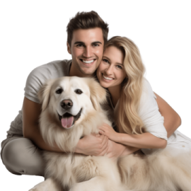 a man and woman hugging their dog