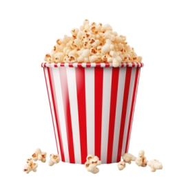 a red and white popcorn bucket filled with popcorn