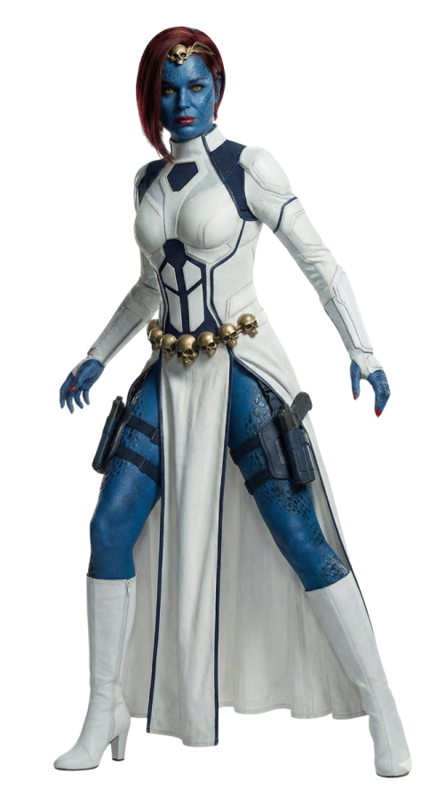 a woman in a white and blue outfit