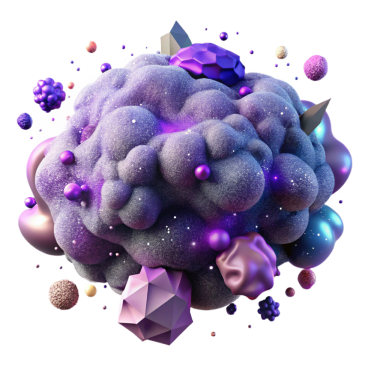 an image of a cloud with purple and blue spheres