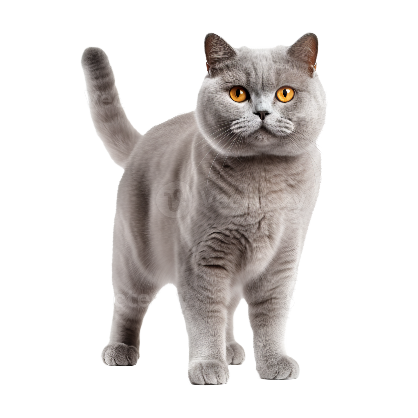 a grey cat standing on a white background