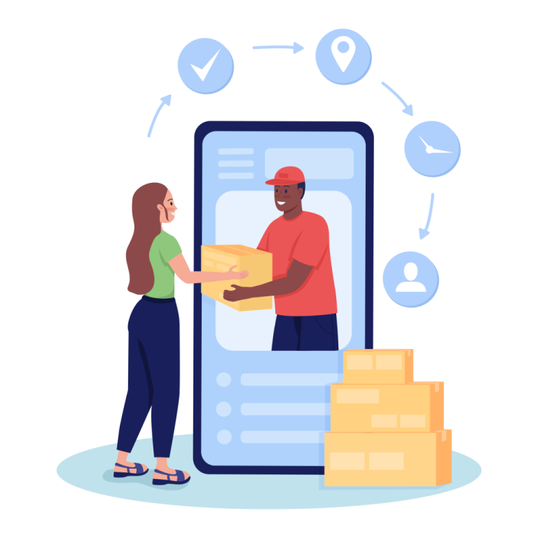 an illustration of a man and woman exchanging boxes into a smartphone