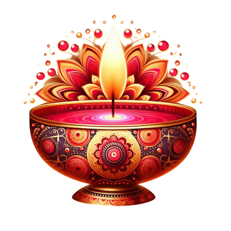 a red and gold oil lamp on a white background
