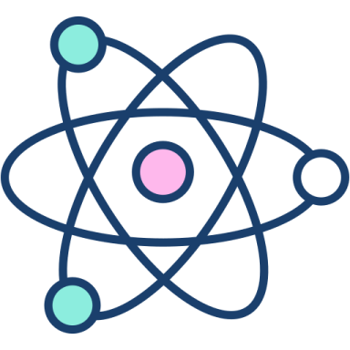 a blue and pink atom symbol