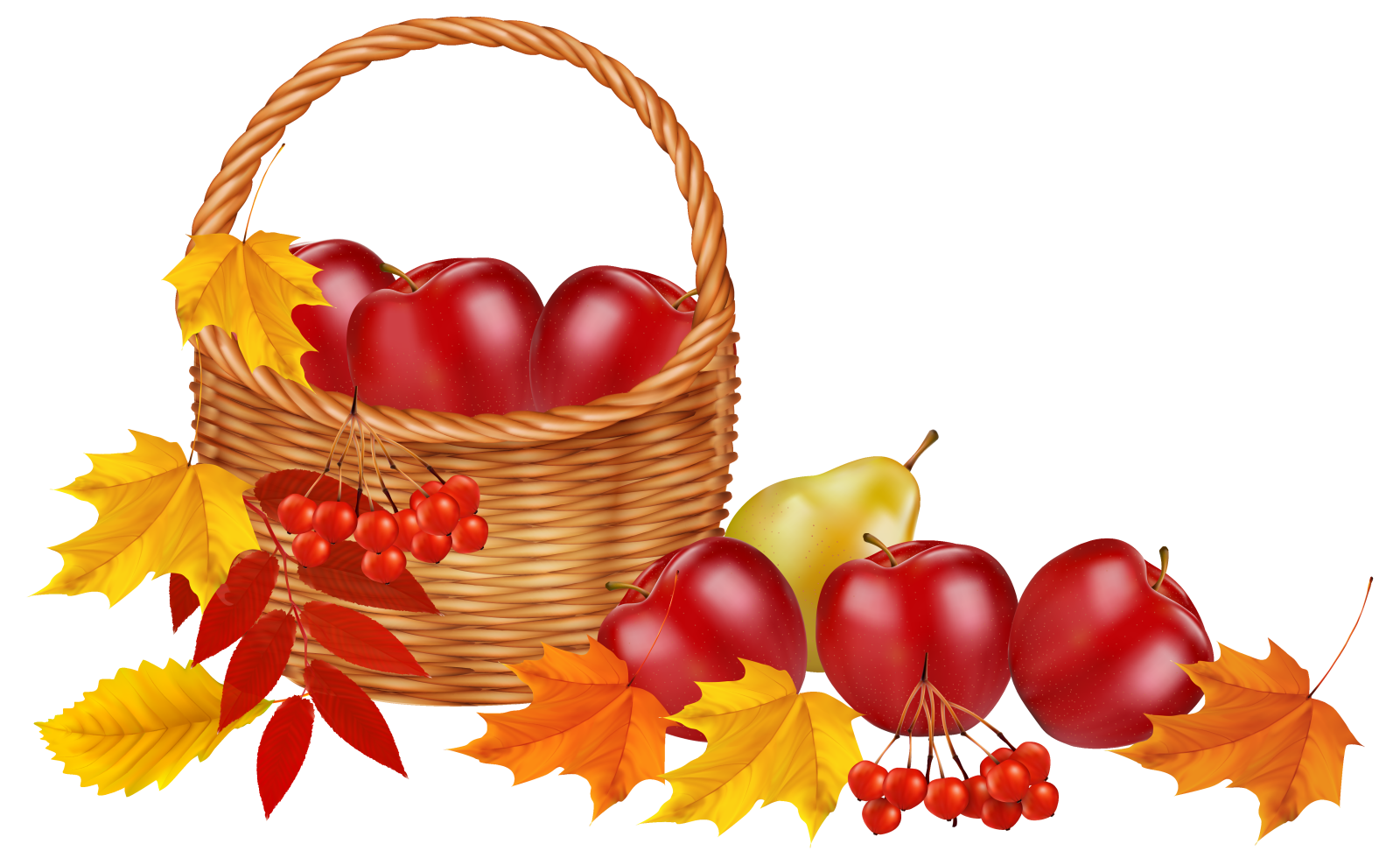 a basket filled with apples and autumn leaves
