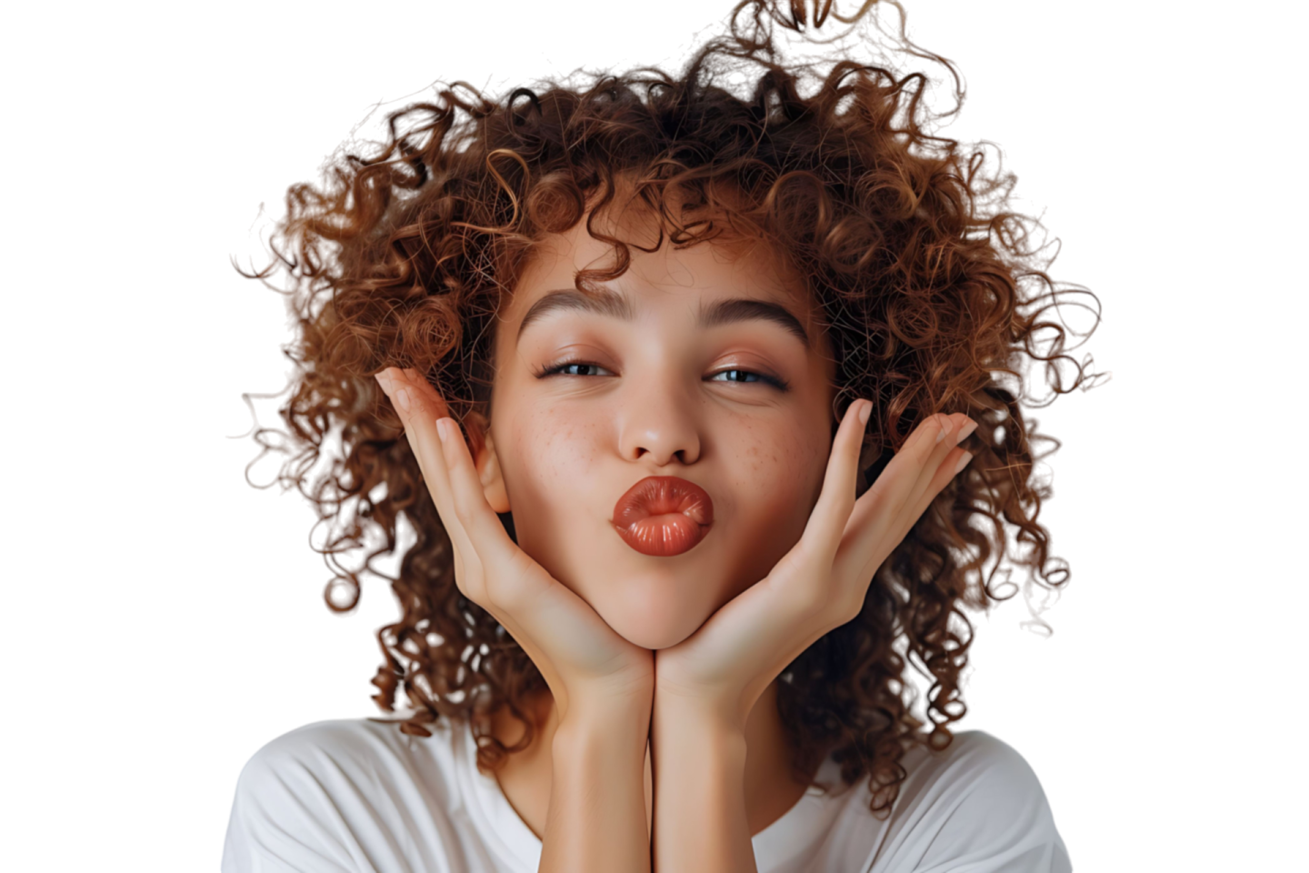 a woman with curly hair is making a funny face