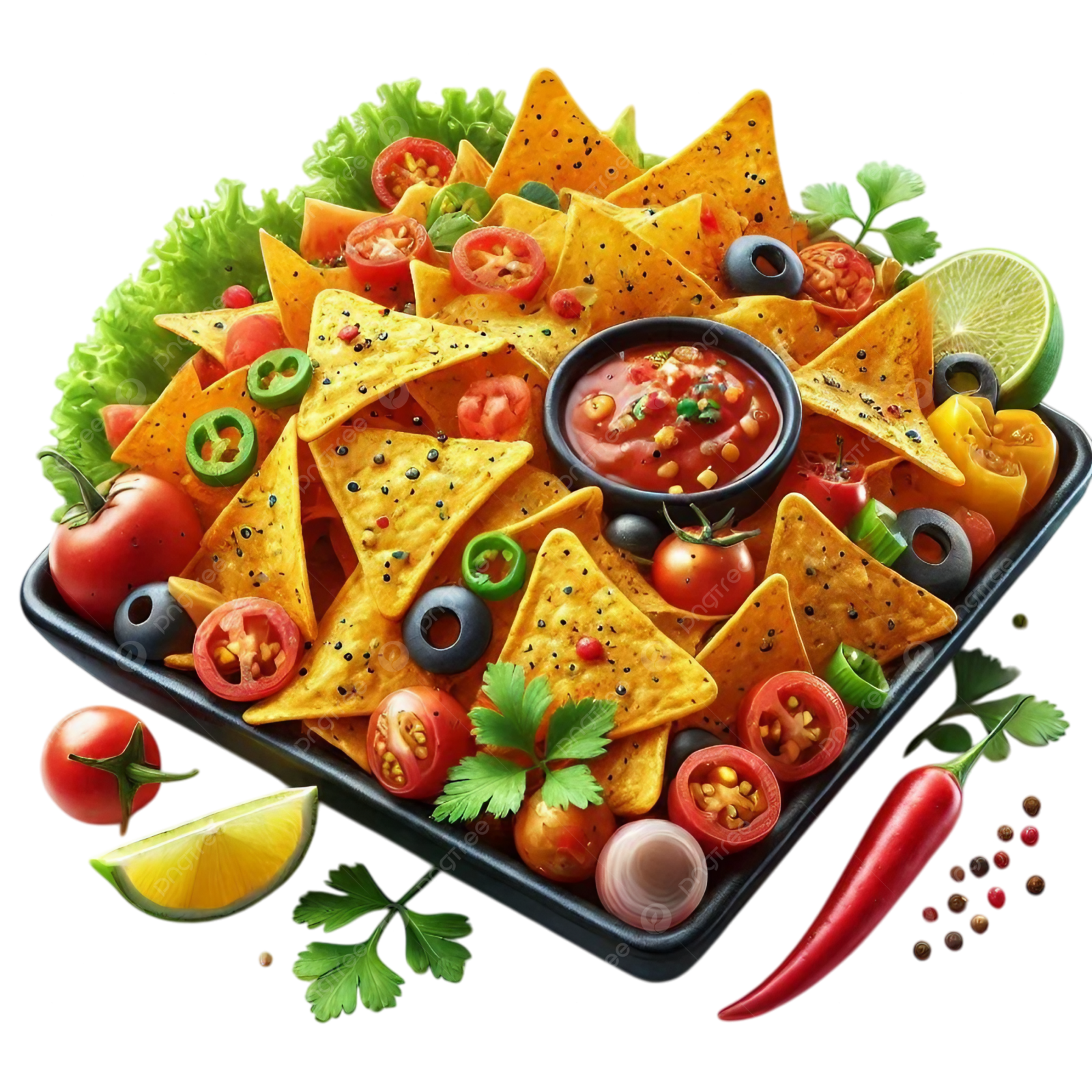 a tray full of nachos with salsa sauce